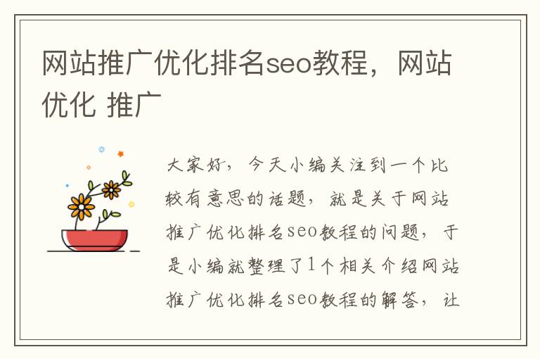 网站推广优化排名seo教程，网站优化 推广