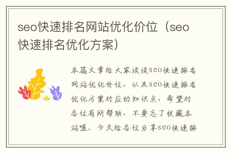 seo快速排名网站优化价位（seo快速排名优化方案）