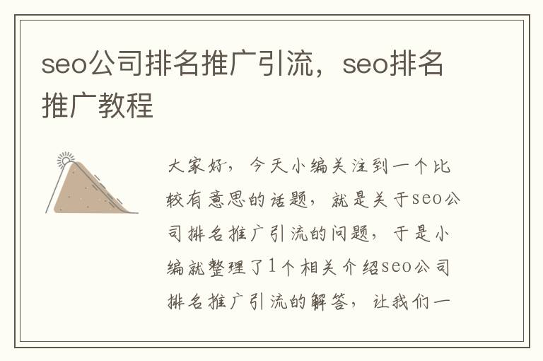 seo公司排名推广引流，seo排名推广教程