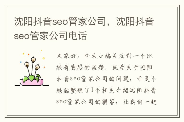 沈阳抖音seo管家公司，沈阳抖音seo管家公司电话