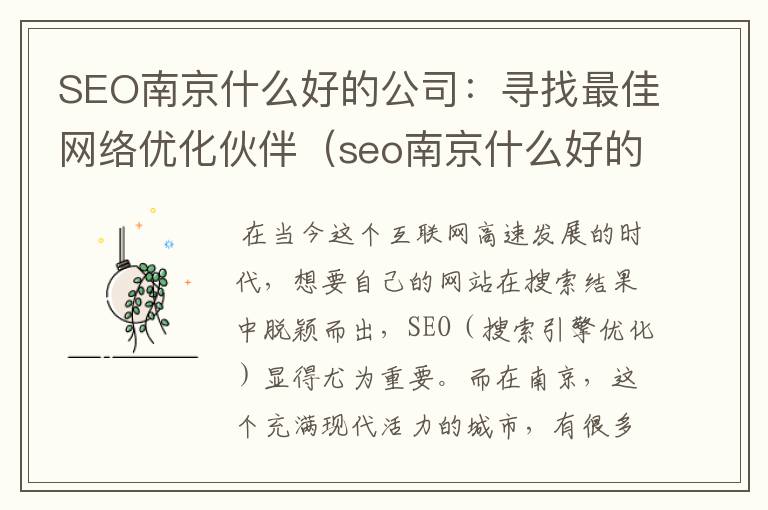 SEO南京什么好的公司：寻找最佳网络优化伙伴（seo南京什么好的公司排名）