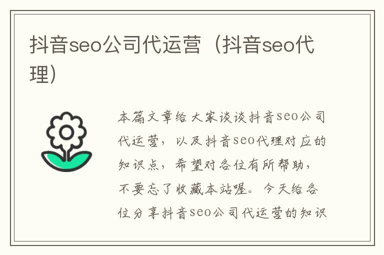 抖音seo公司代运营（抖音seo代理）