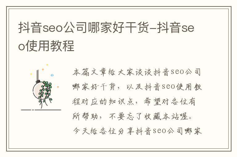 抖音seo公司哪家好干货-抖音seo使用教程