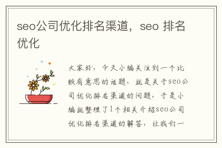 seo公司优化排名渠道，seo 排名优化