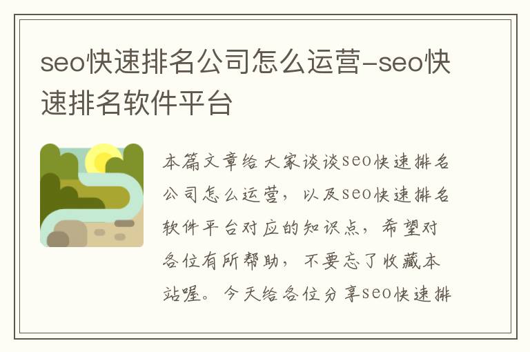 seo快速排名公司怎么运营-seo快速排名软件平台