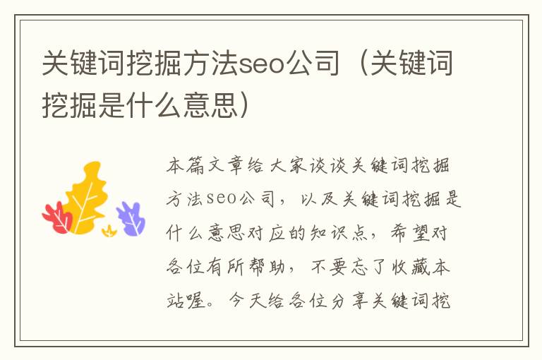 关键词挖掘方法seo公司（关键词挖掘是什么意思）