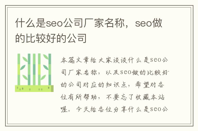 什么是seo公司厂家名称，seo做的比较好的公司