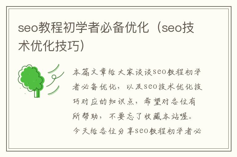 seo教程初学者必备优化（seo技术优化技巧）