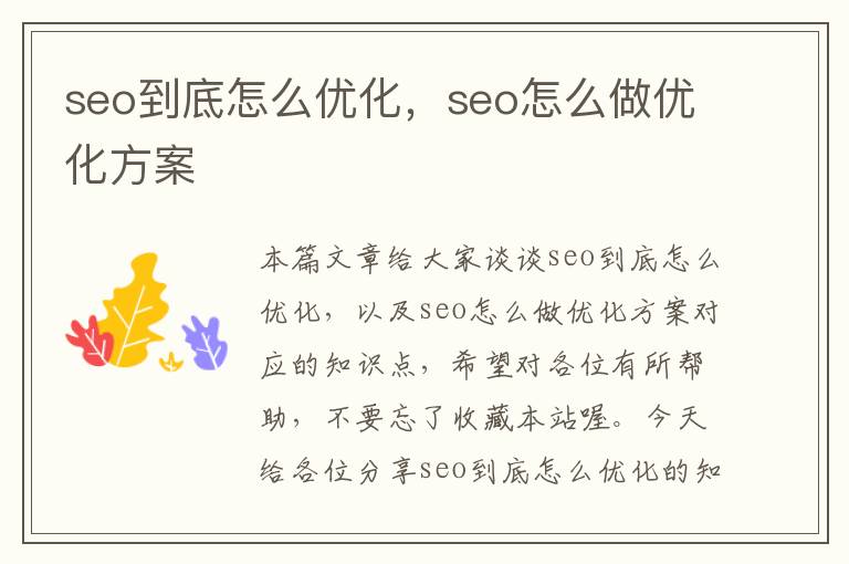 seo到底怎么优化，seo怎么做优化方案