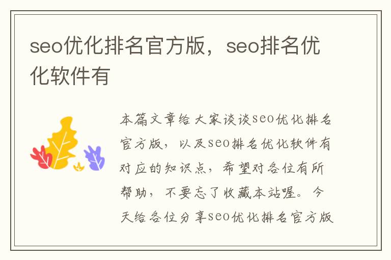 seo优化排名官方版，seo排名优化软件有