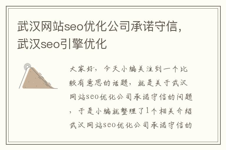 武汉网站seo优化公司承诺守信，武汉seo引擎优化