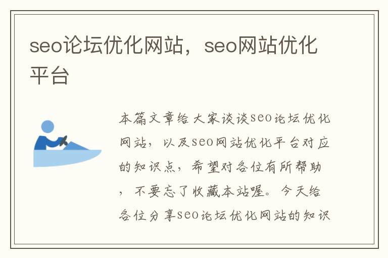 seo论坛优化网站，seo网站优化平台