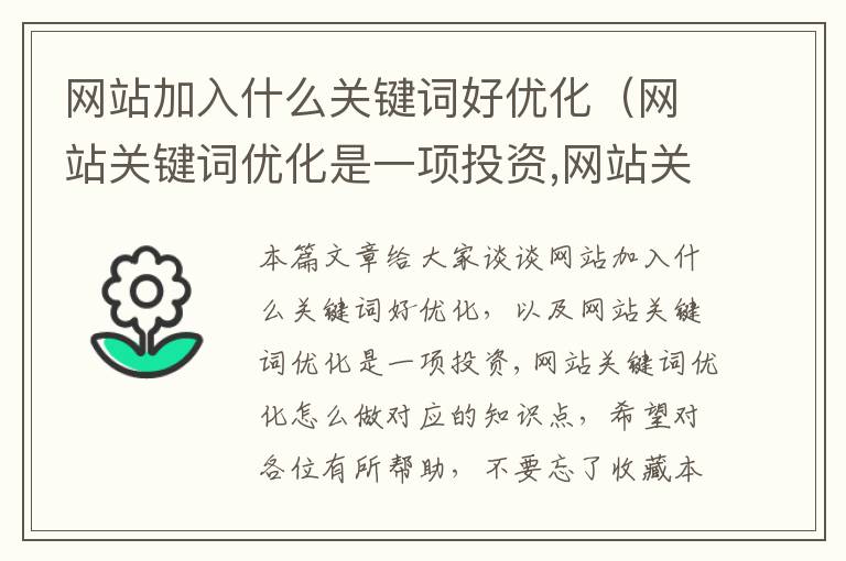 网站加入什么关键词好优化（网站关键词优化是一项投资,网站关键词优化怎么做）