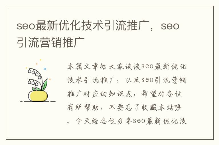 seo最新优化技术引流推广，seo引流营销推广