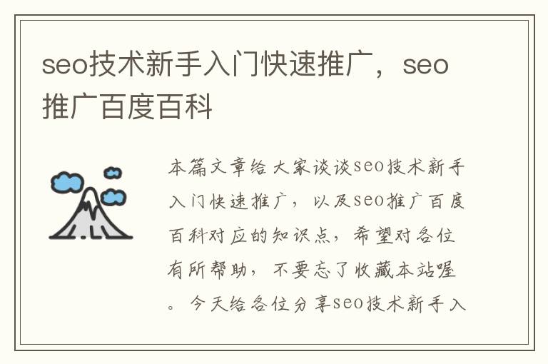 seo技术新手入门快速推广，seo推广百度百科