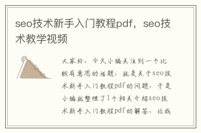 seo技术新手入门教程pdf，seo技术教学视频